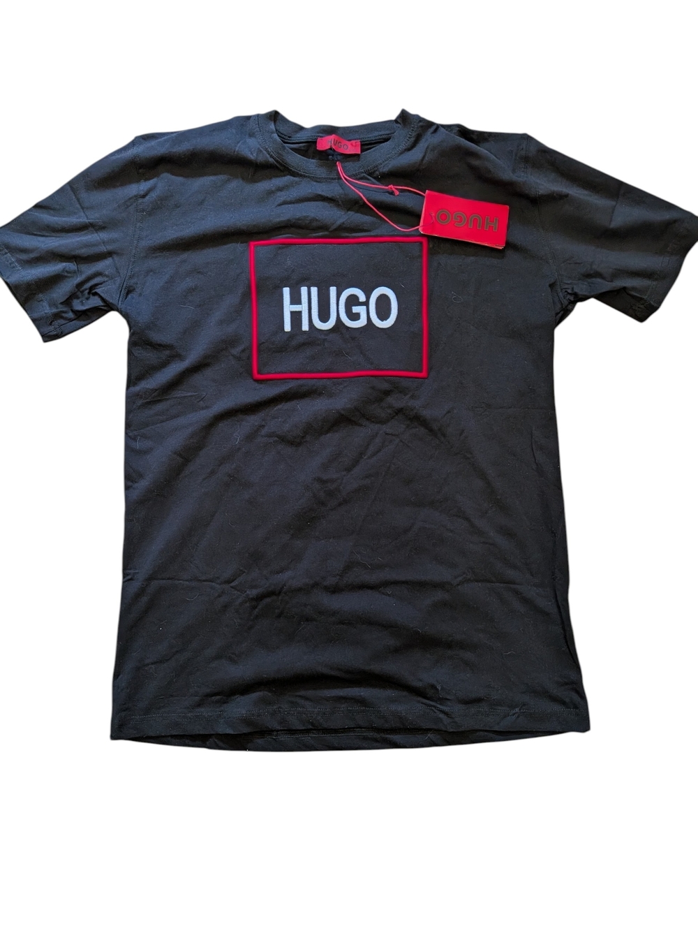 Hugo Boss Embroidered Black Crew T-Shirt with Red Trim and White Logo NWT